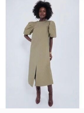 Hyacinth House TuckerNuck Olive Quilted Fowler Midi Puff Sleeve Dress Size Small